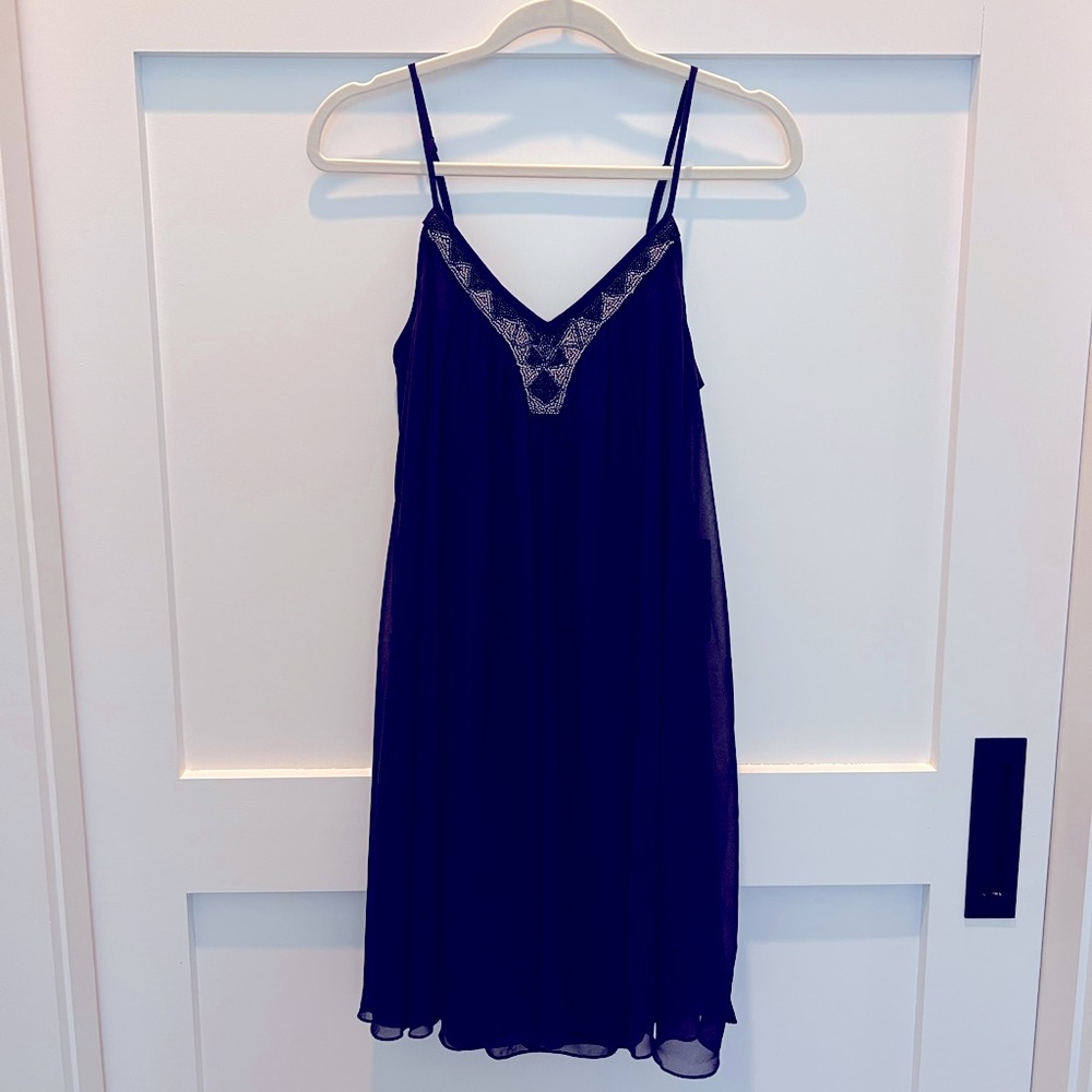 Express navy, beaded detail, flowy mini dress.  NWT